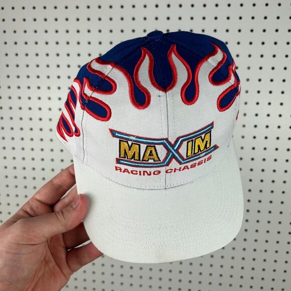 Vintage Maxim Racing Chassis Strapback Hat Cap Flames Red White Blue 90s OSFM - Picture 2 of 7
